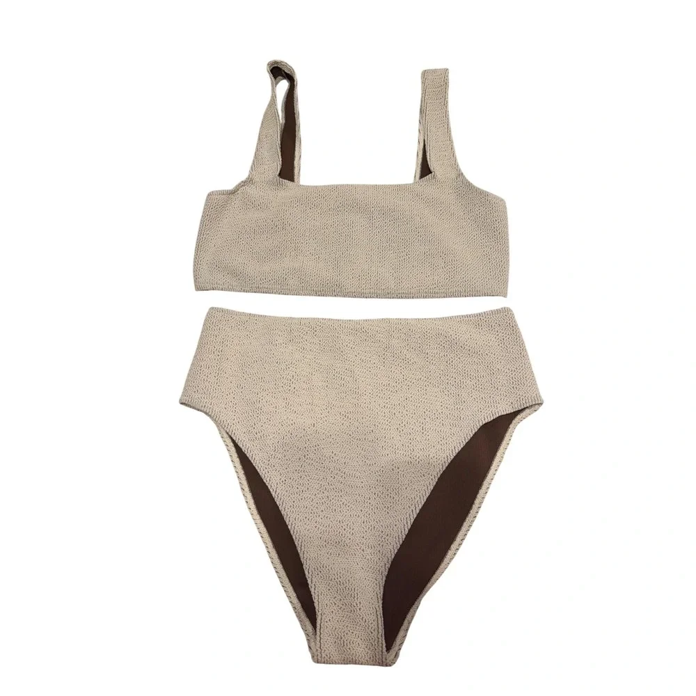 ASOS DESIGN Women Textured Crinkle Bikini Set High Waist Oatmeal Brown XL XXL